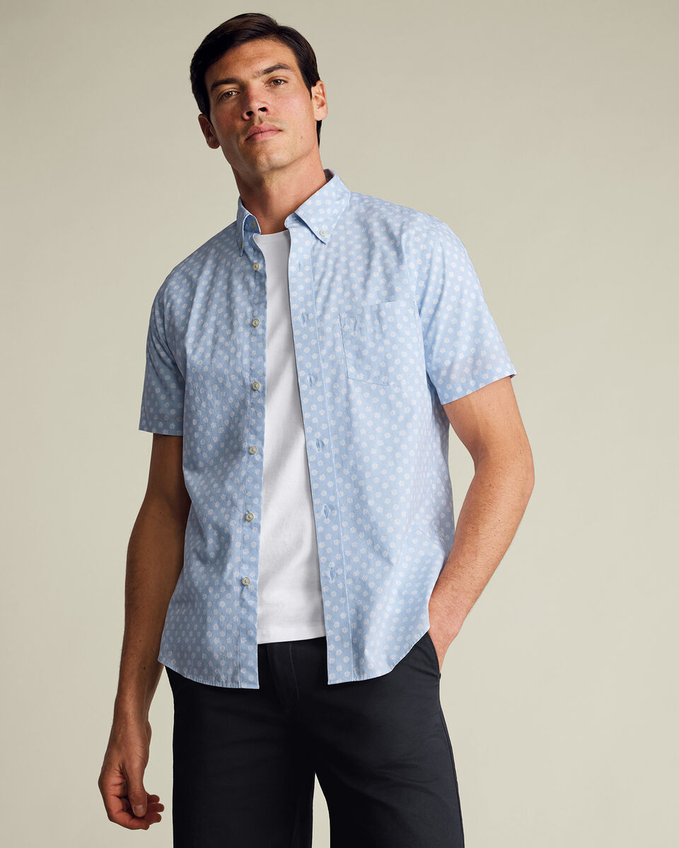 Short Sleeve Stretch Washed Poplin Floral Shirt - Light Blue Main image