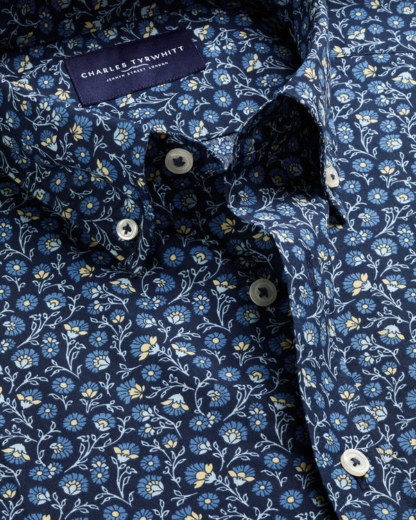 Short Sleeve Stretch Washed Poplin Floral Shirt - Mid Blue