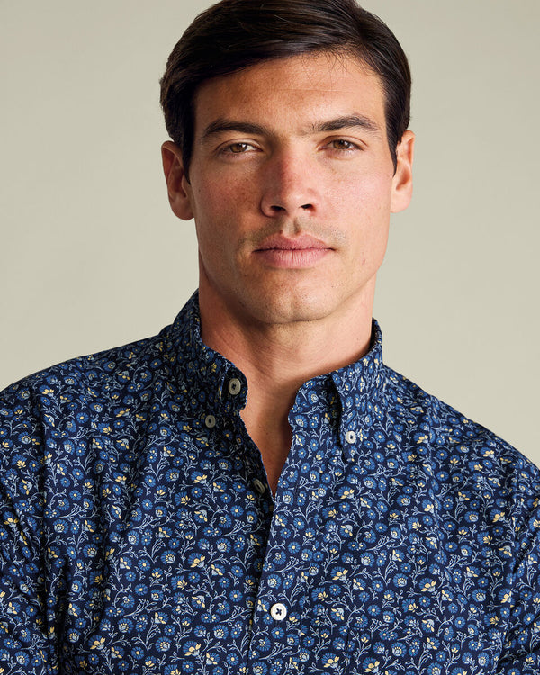 Short Sleeve Stretch Washed Poplin Floral Shirt - Mid Blue