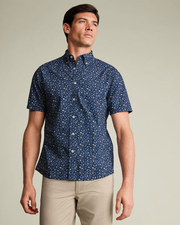 Short Sleeve Stretch Washed Poplin Floral Shirt - Mid Blue