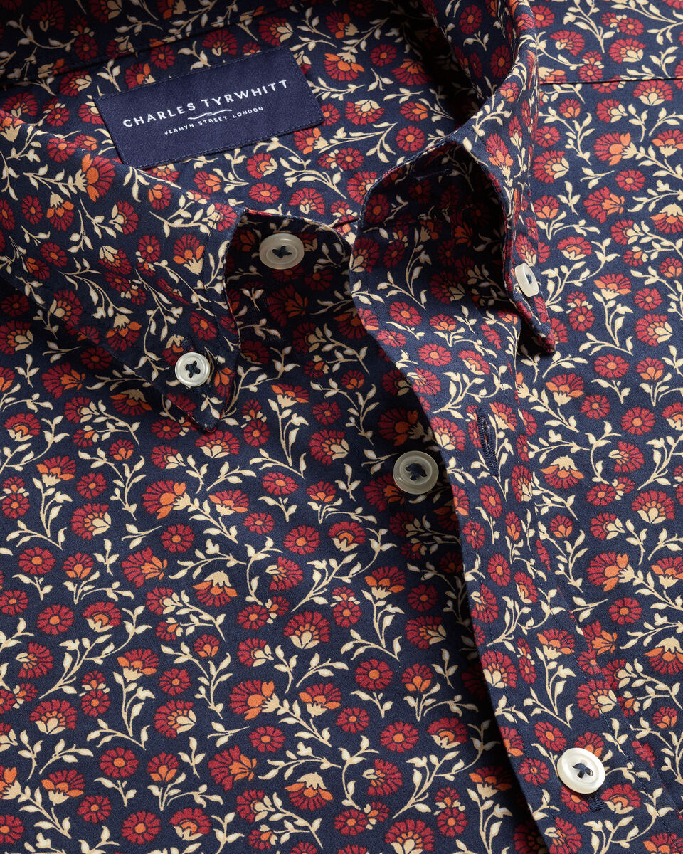 Short Sleeve Stretch Washed Poplin Floral Shirt - Red