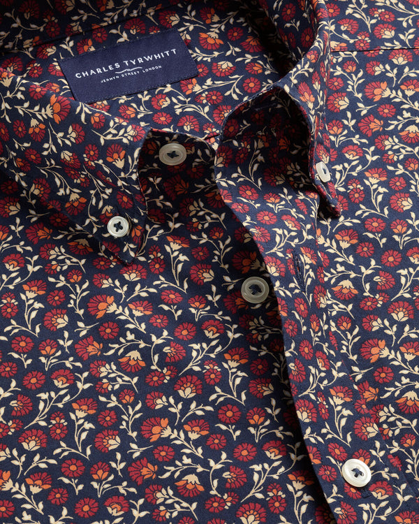 Short Sleeve Stretch Washed Poplin Floral Shirt - Red