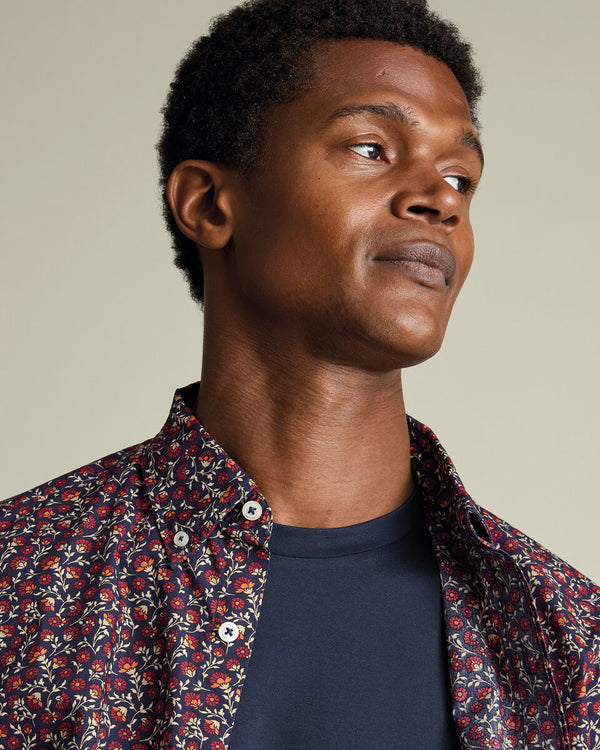 Short Sleeve Stretch Washed Poplin Floral Shirt - Red