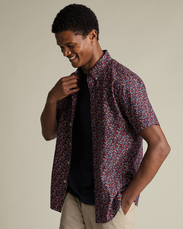 Short Sleeve Stretch Washed Poplin Floral Shirt - Red