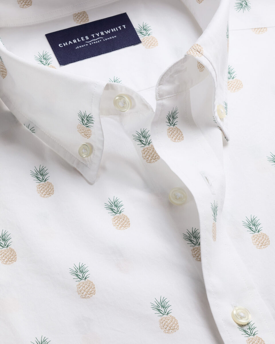 Short Sleeve Stretch Washed Poplin Print Shirt - White