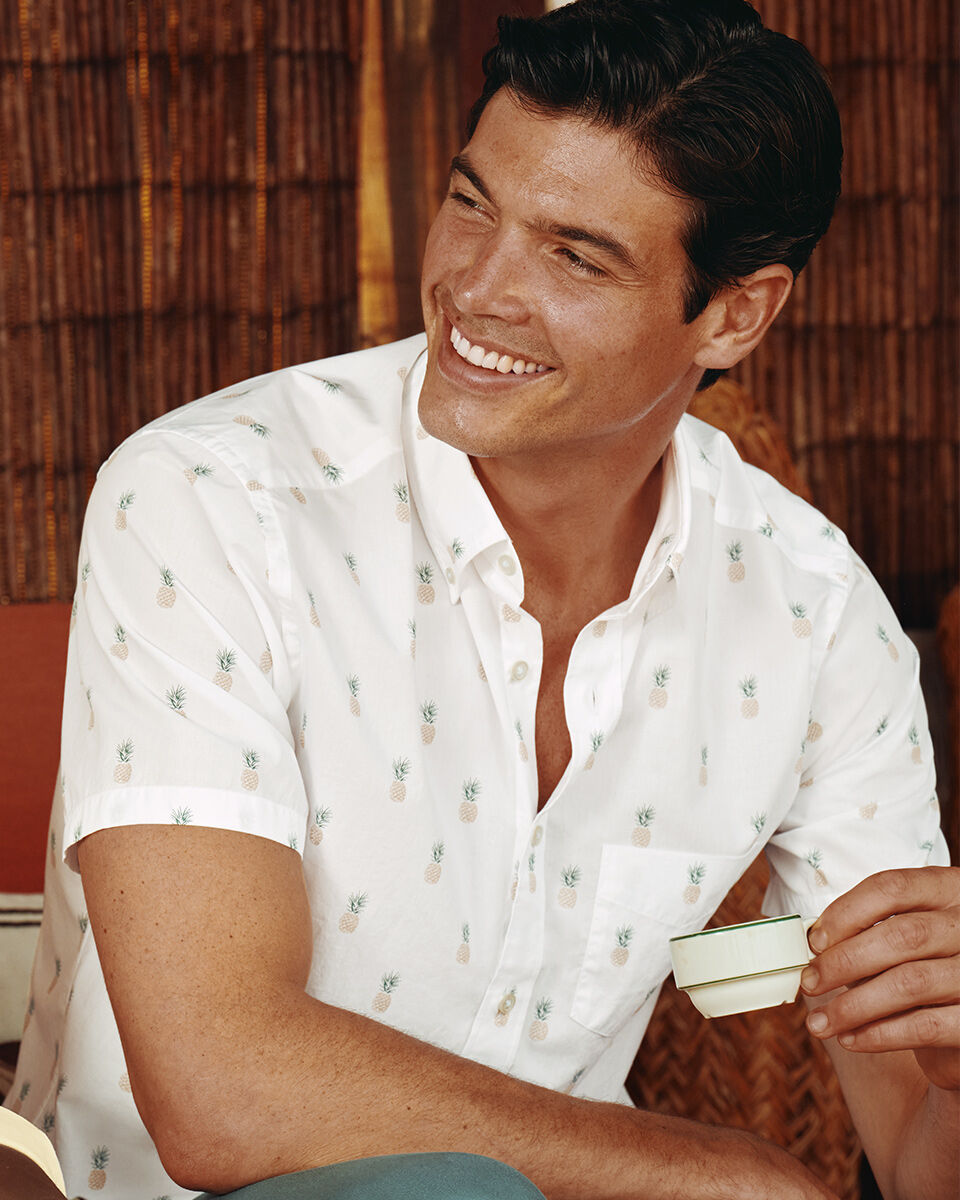 Short Sleeve Stretch Washed Poplin Print Shirt - White Main image