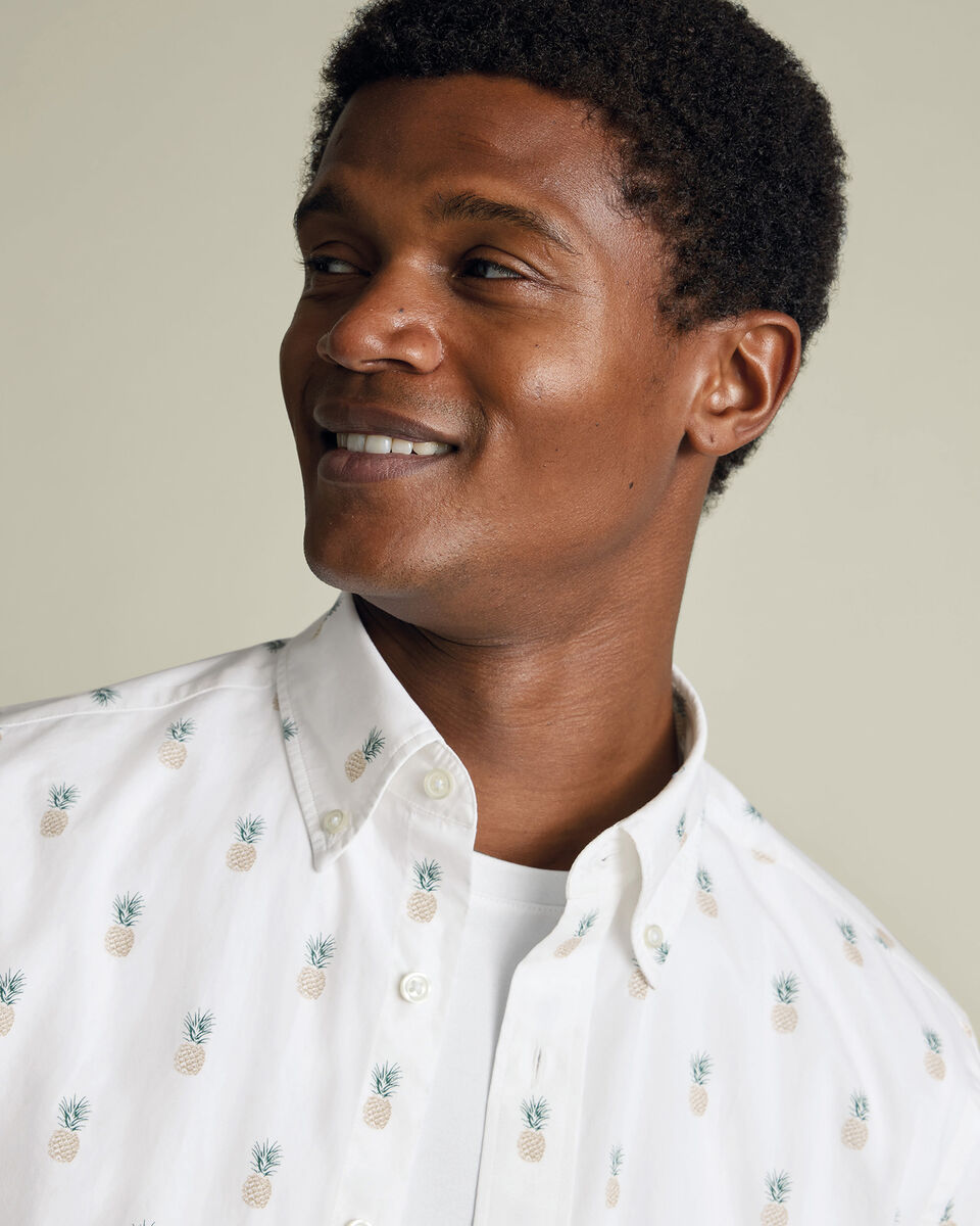 Short Sleeve Stretch Washed Poplin Print Shirt - White