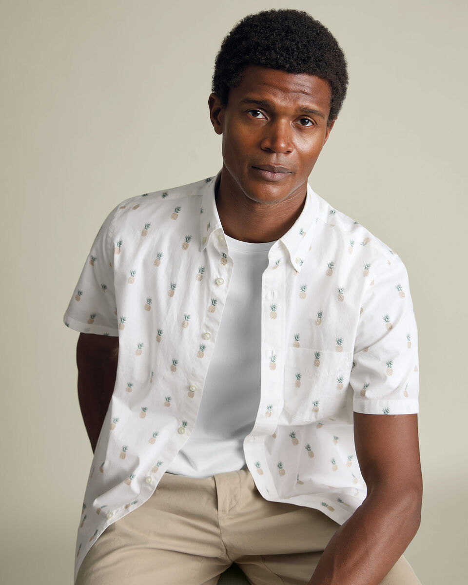 Short Sleeve Stretch Washed Poplin Print Shirt - White