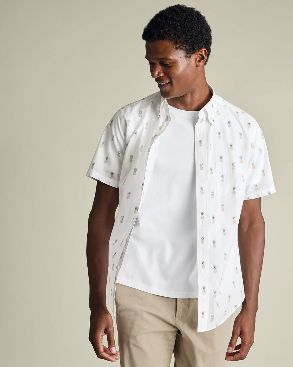 Short Sleeve Stretch Washed Poplin Print Shirt - White