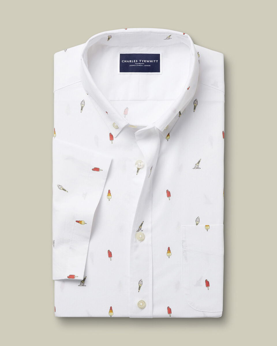 Short Sleeve Non-Iron Poplin Ice Cream Print Shirt - White