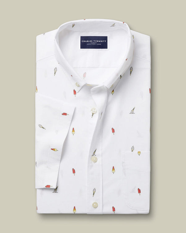 Short Sleeve Non-Iron Poplin Ice Cream Print Shirt - White