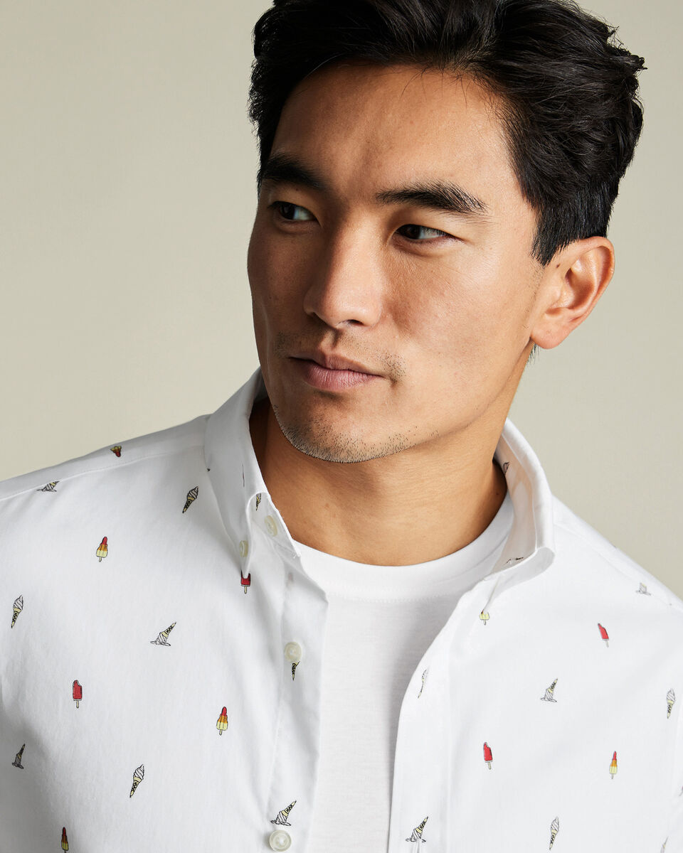 Short Sleeve Non-Iron Poplin Ice Cream Print Shirt - White