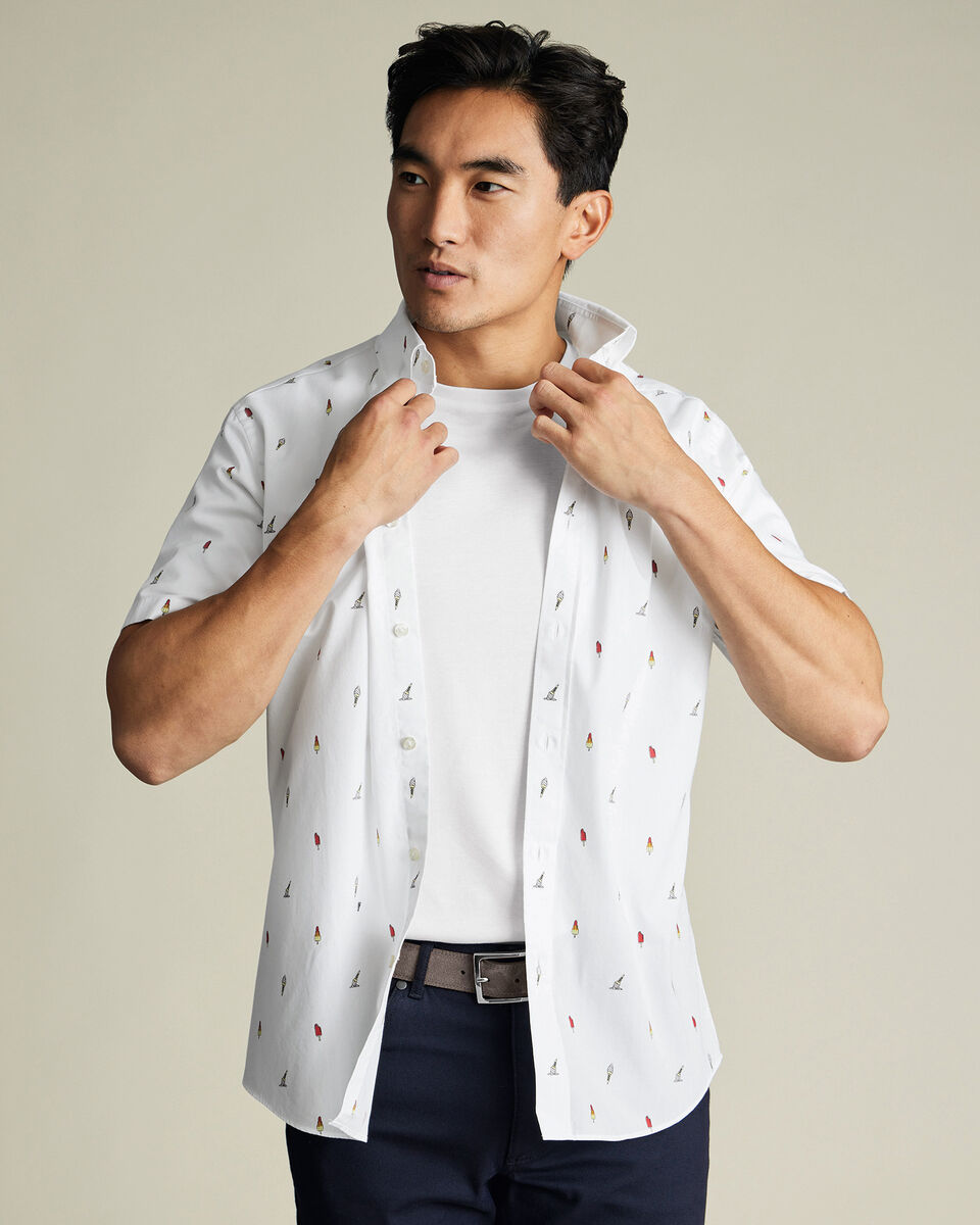 Short Sleeve Non-Iron Poplin Ice Cream Print Shirt - White