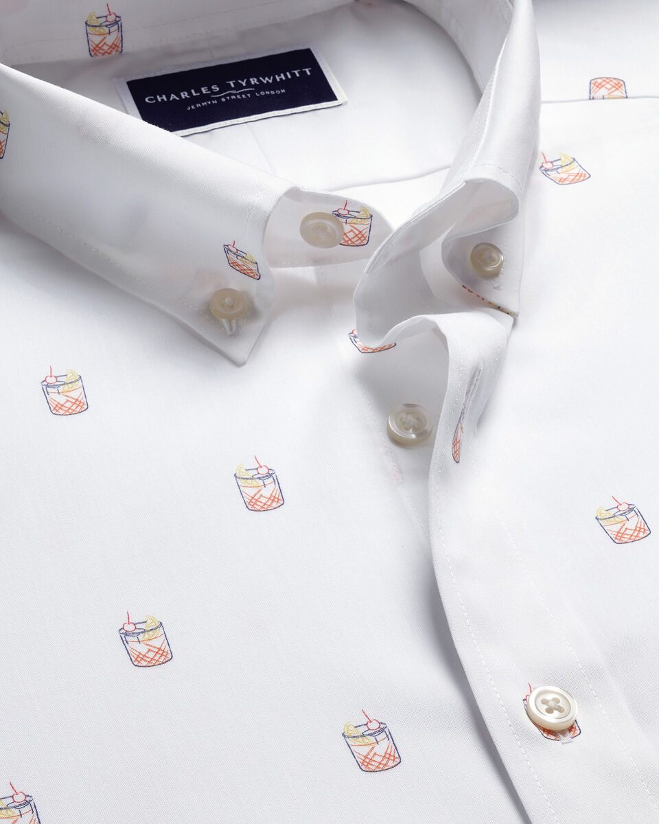 Short Sleeve Non-Iron Stretch Poplin Cocktail Print Shirt - White
