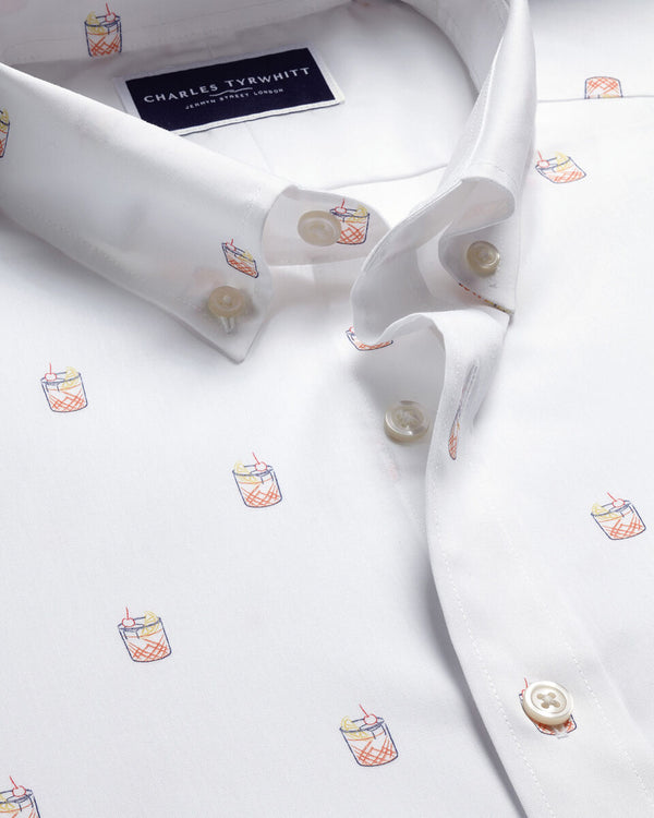 Short Sleeve Non-Iron Stretch Poplin Cocktail Print Shirt - White