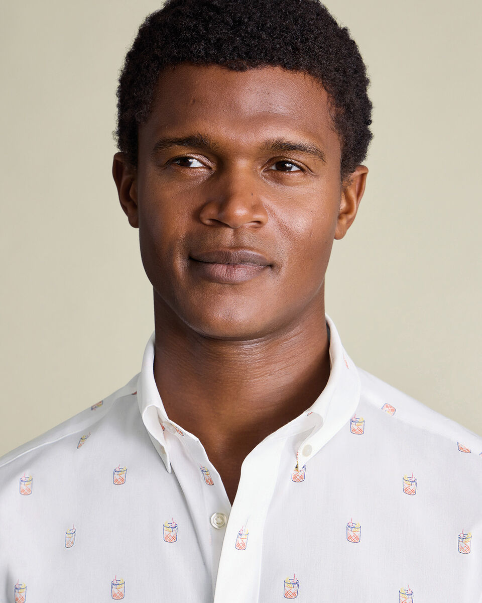 Short Sleeve Non-Iron Stretch Poplin Cocktail Print Shirt - White