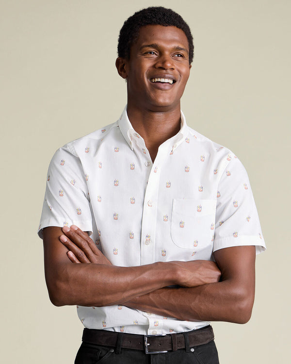 Short Sleeve Non-Iron Stretch Poplin Cocktail Print Shirt - White