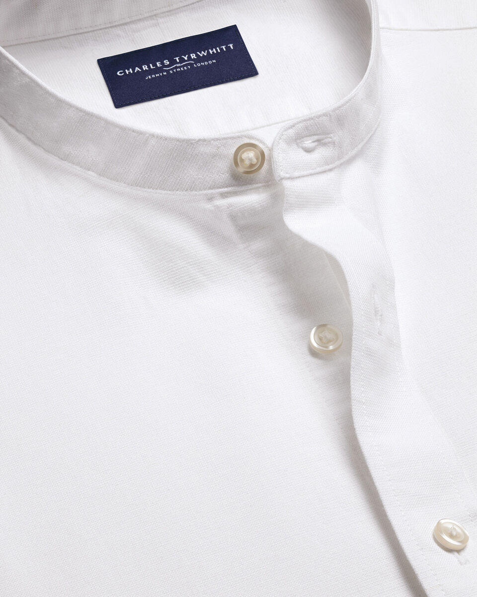 Collarless Cotton Linen Shirt - White