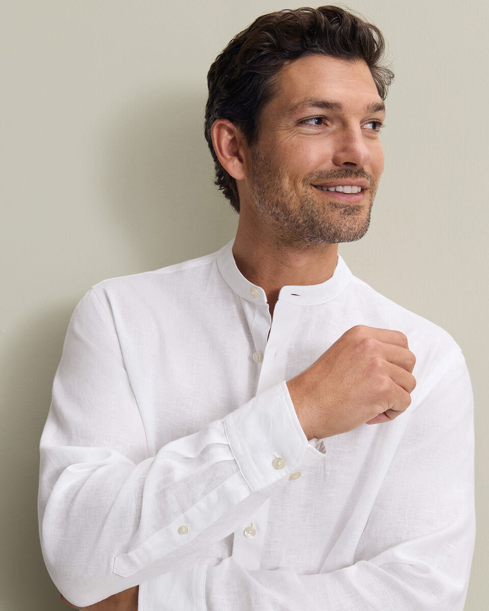 Collarless Cotton Linen Shirt - White
