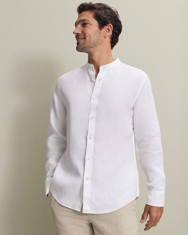Collarless Cotton Linen Shirt - White