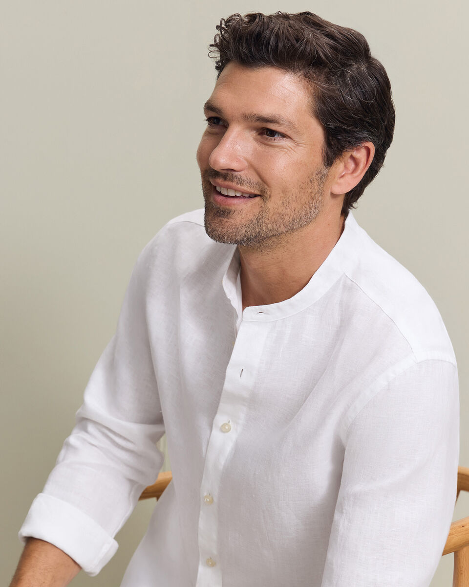 Collarless Cotton Linen Shirt - White