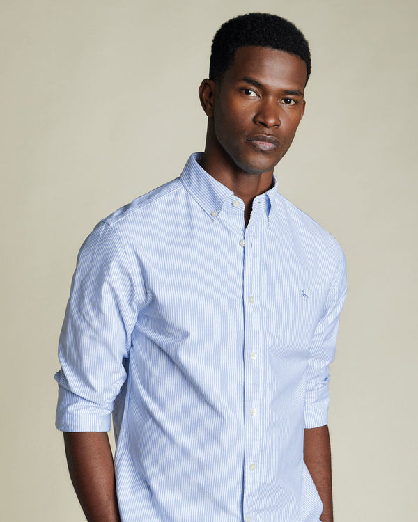 Stretch Washed Oxford Stripe Shirt - Ocean Blue