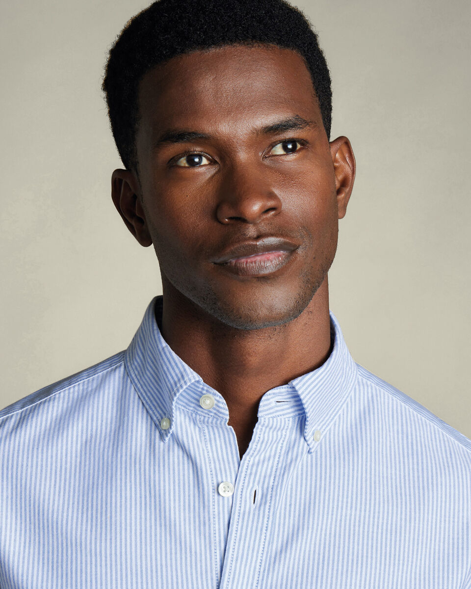 Stretch Washed Oxford Stripe Shirt - Ocean Blue