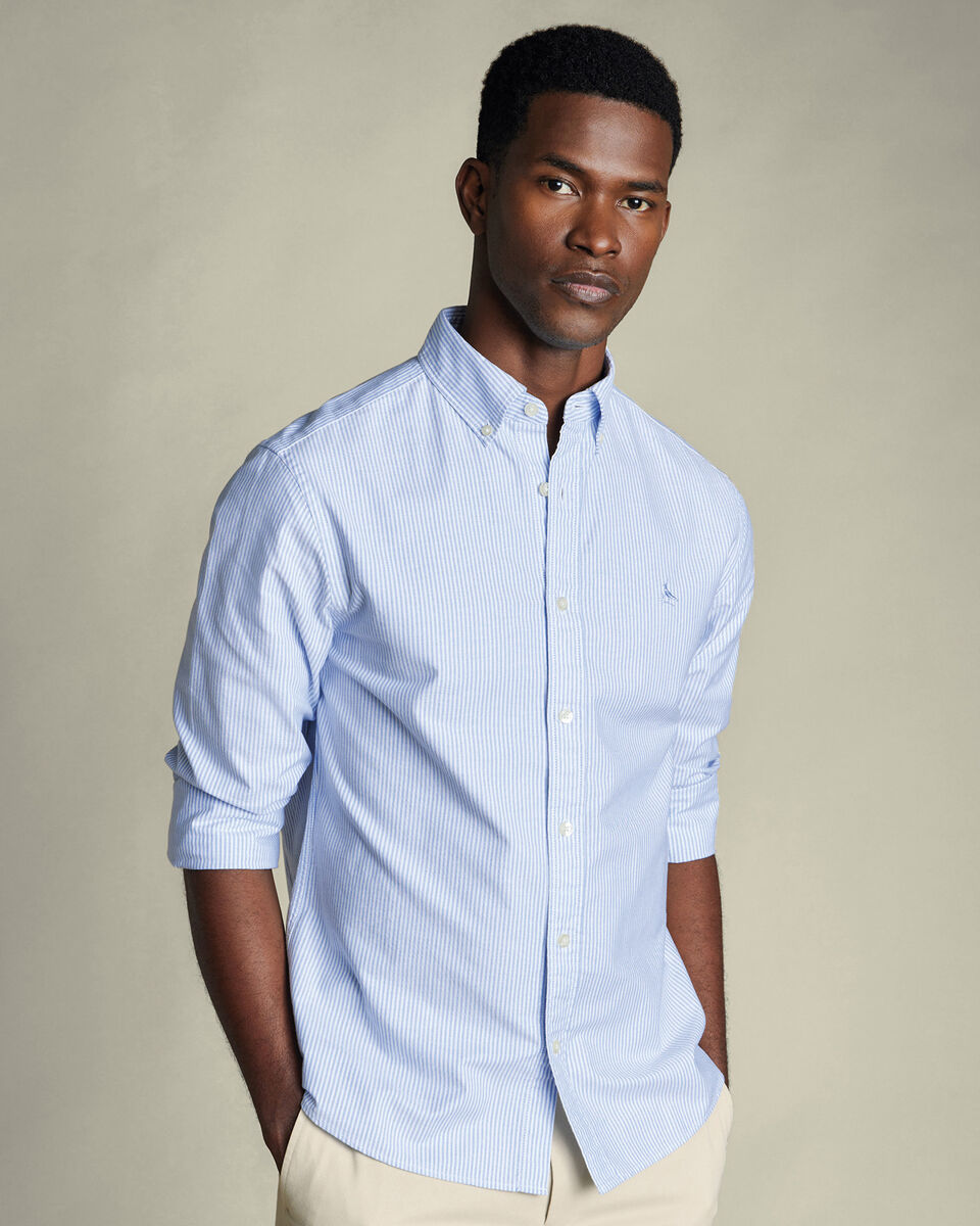 Stretch Washed Oxford Stripe Shirt - Ocean Blue