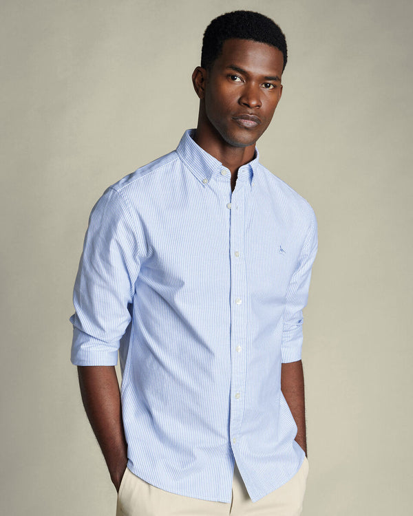 Stretch Washed Oxford Stripe Shirt - Ocean Blue