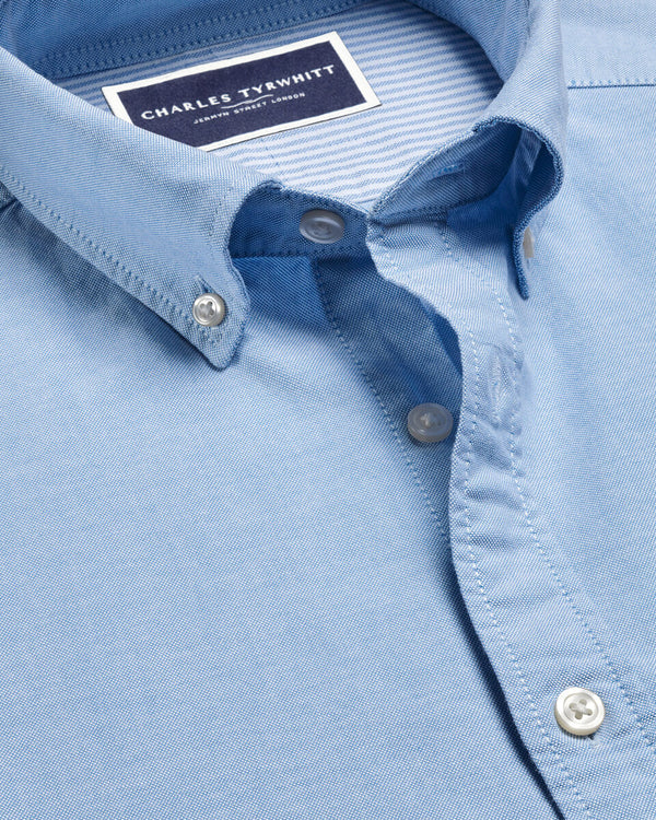 Short Sleeve Stretch Washed Oxford Shirt - Sky Blue
