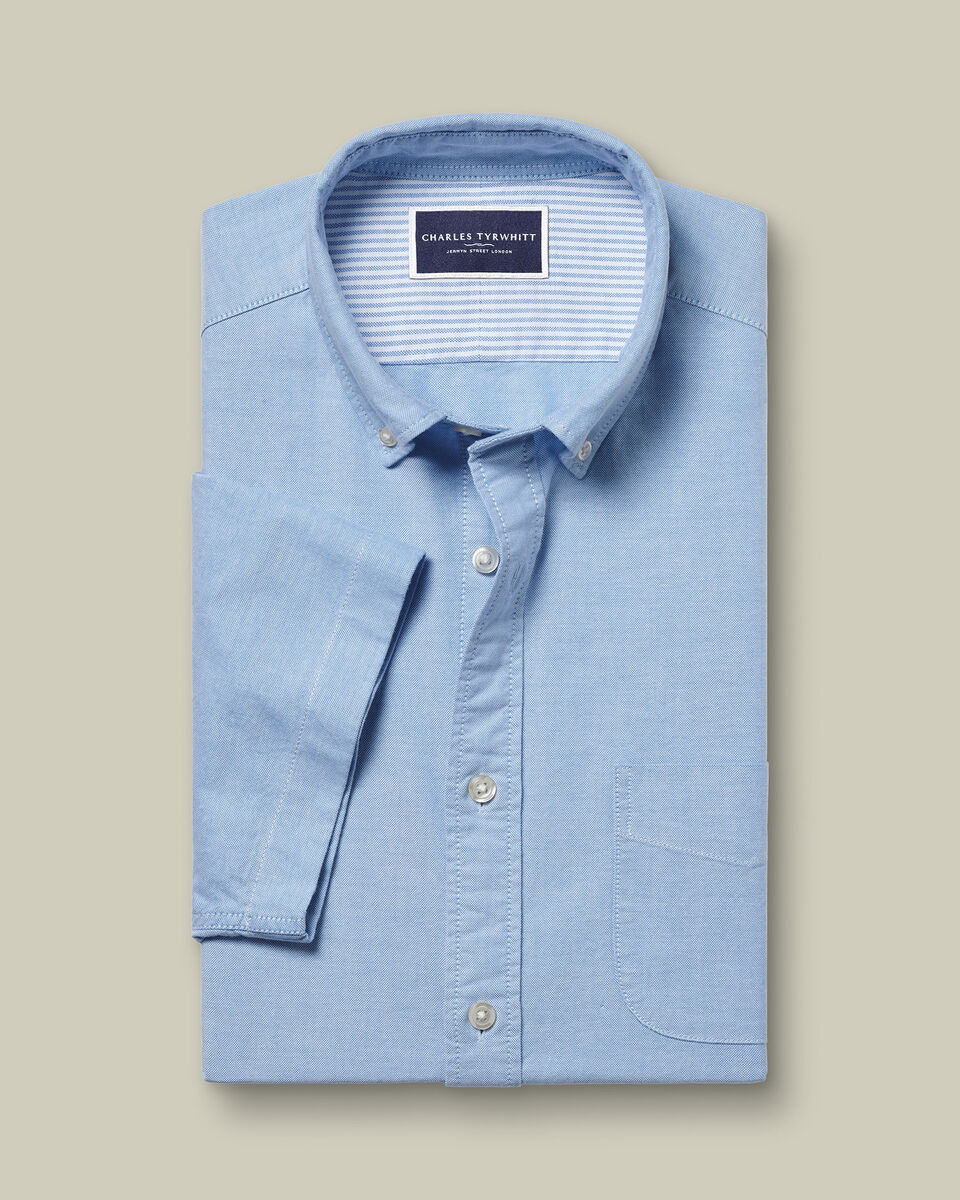 Short Sleeve Stretch Washed Oxford Shirt - Sky Blue