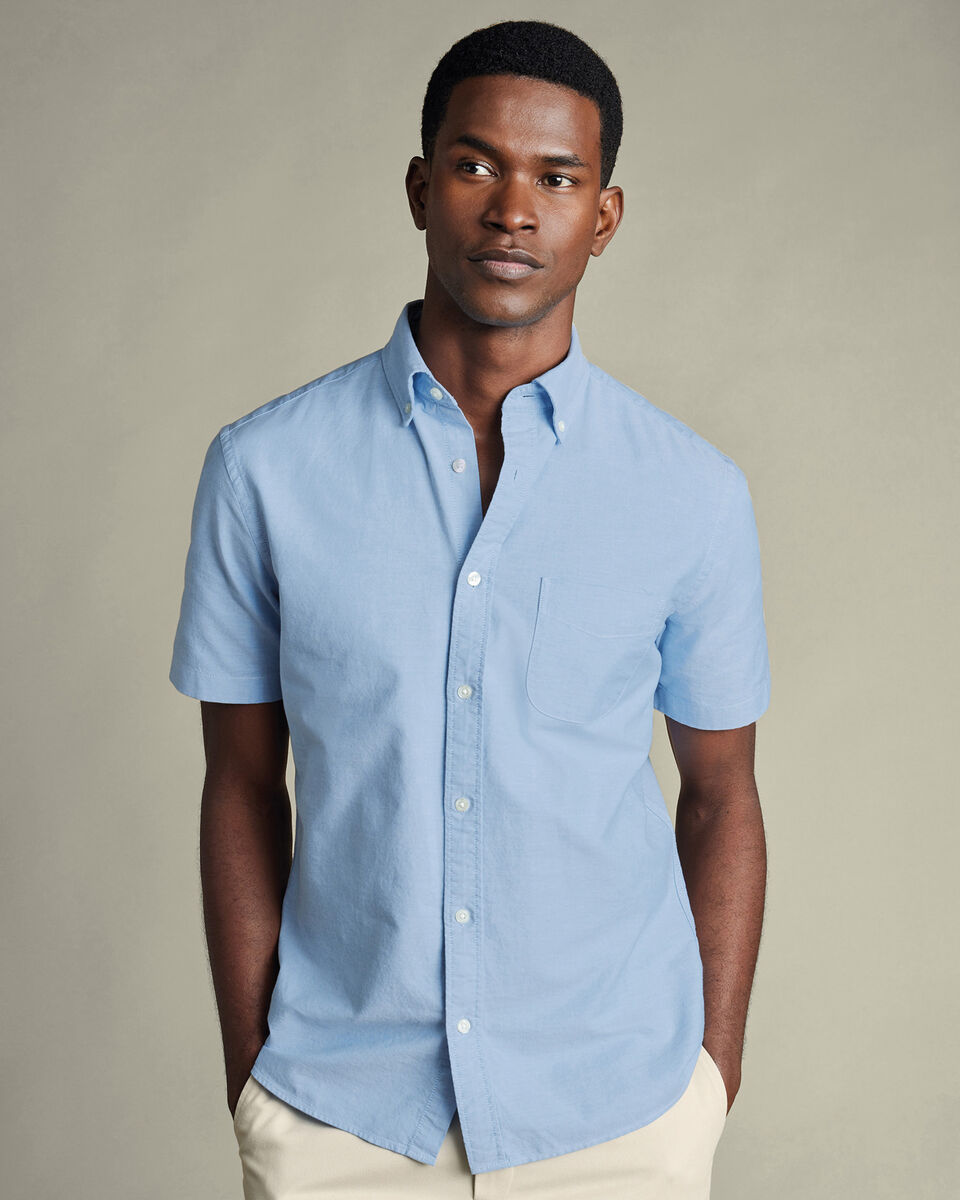 Short Sleeve Stretch Washed Oxford Shirt - Sky Blue