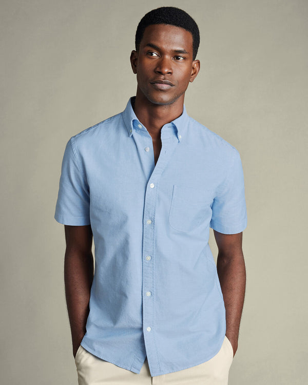 Short Sleeve Stretch Washed Oxford Shirt - Sky Blue