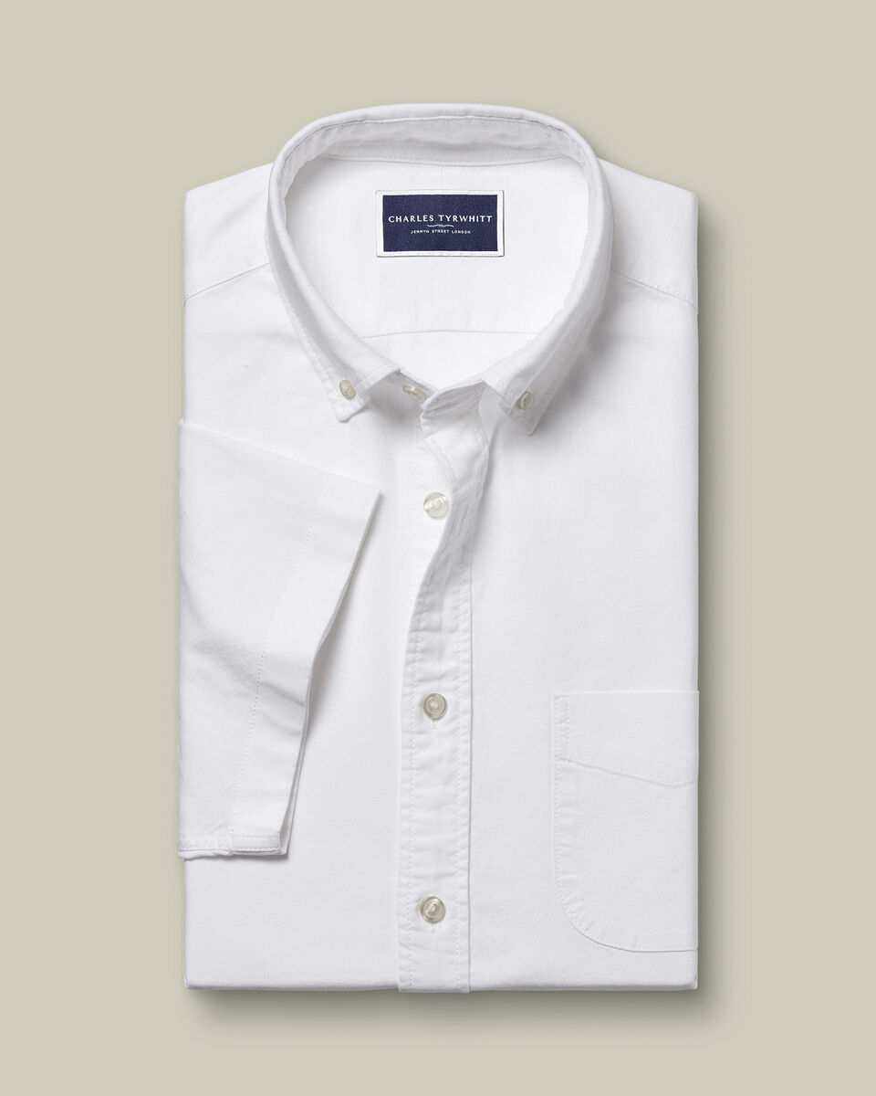 Short Sleeve Stretched Washed Oxford Shirt - White