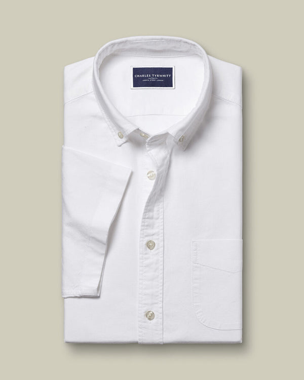 Short Sleeve Stretched Washed Oxford Shirt - White