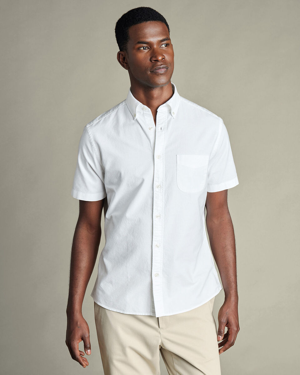 Short Sleeve Stretched Washed Oxford Shirt - White