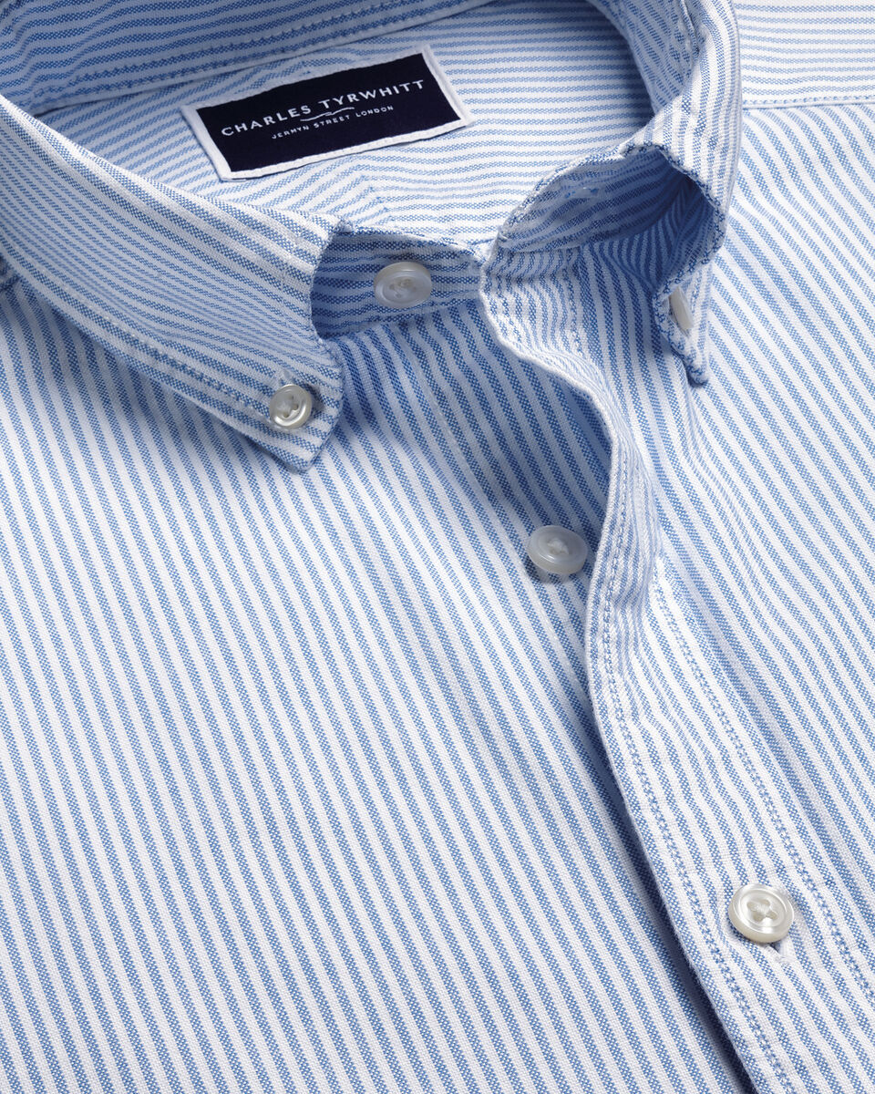 Short Sleeve Stretch Washed Oxford Stripe Shirt - Blue Secondary image