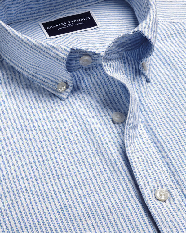 Short Sleeve Stretch Washed Oxford Stripe Shirt - Blue