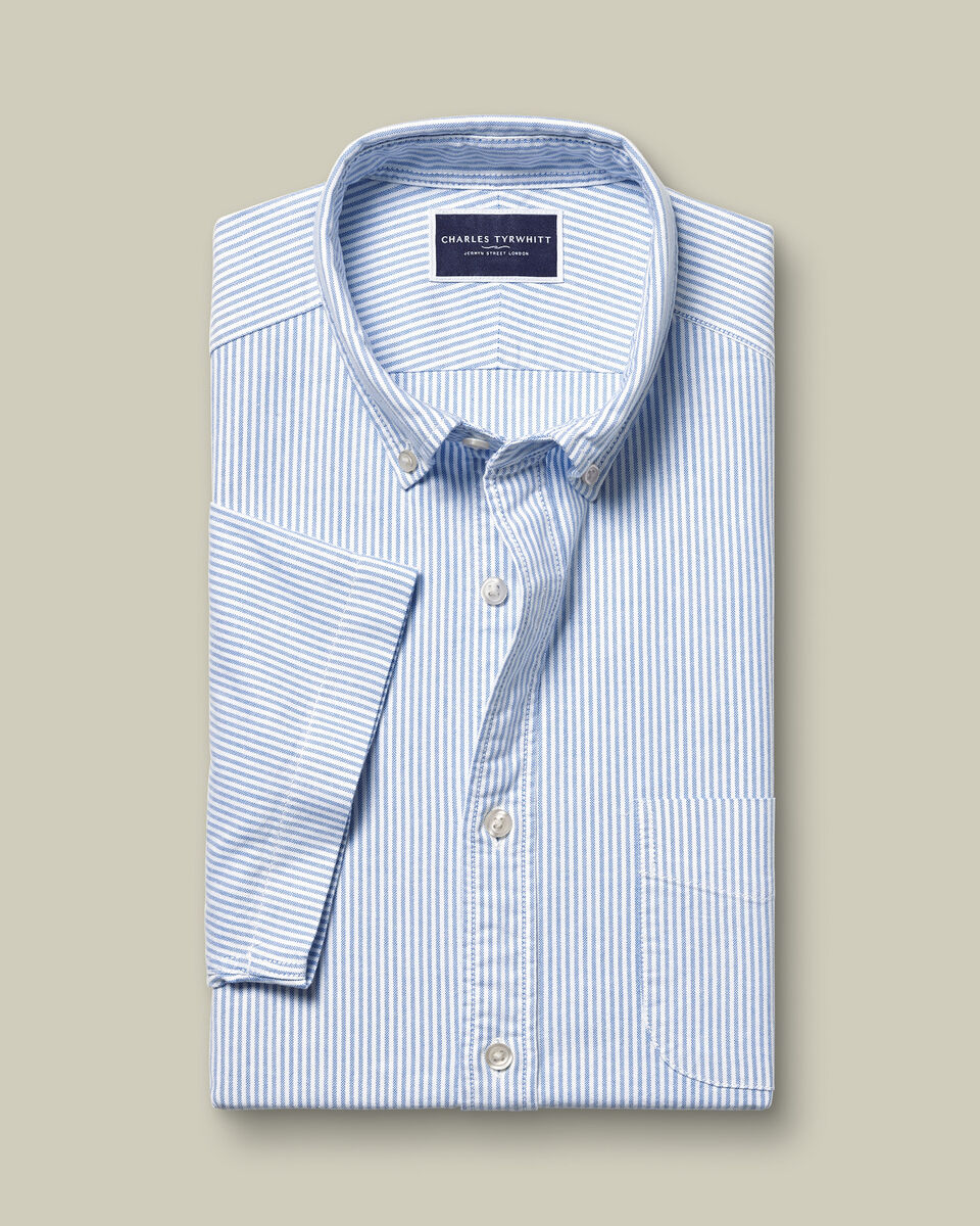 Short Sleeve Stretch Washed Oxford Stripe Shirt - Blue