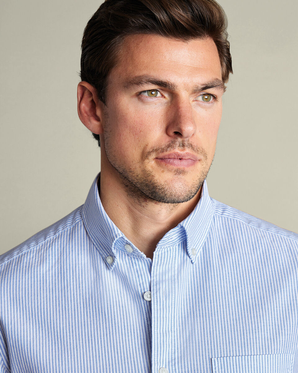 Short Sleeve Stretch Washed Oxford Stripe Shirt - Blue