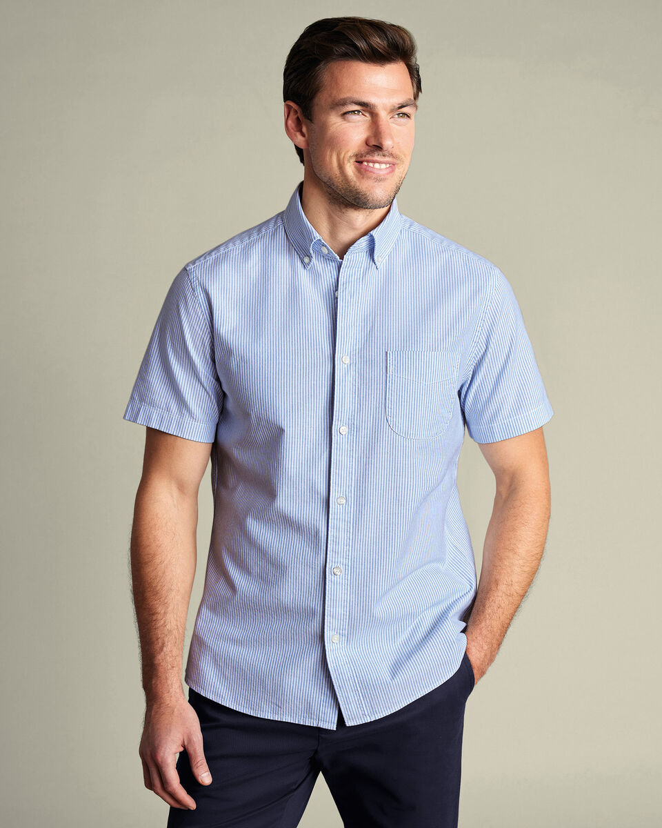Short Sleeve Stretch Washed Oxford Stripe Shirt - Blue Main image