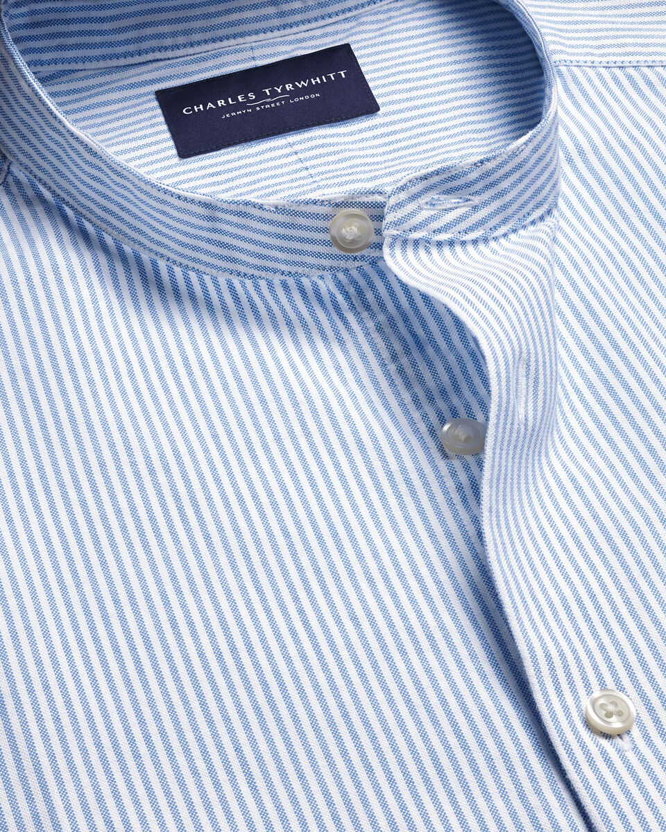 Collarless Stretch Washed Oxford Stripe Shirt - Ocean Blue Secondary image