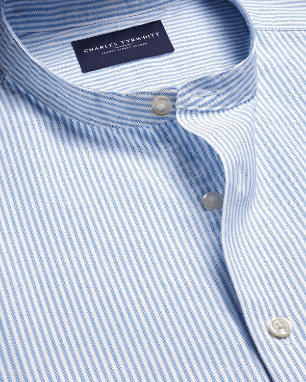 Collarless Stretch Washed Oxford Stripe Shirt - Ocean Blue