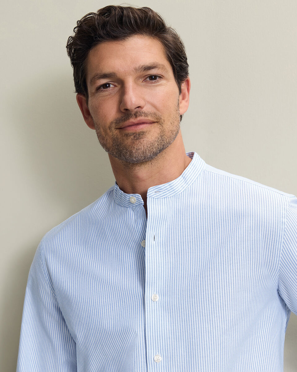Collarless Stretch Washed Oxford Stripe Shirt - Ocean Blue