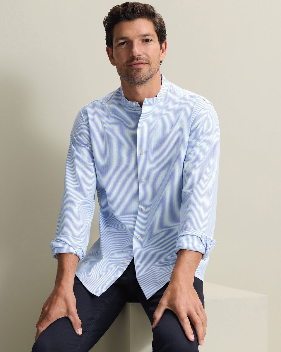 Collarless Stretch Washed Oxford Stripe Shirt - Ocean Blue