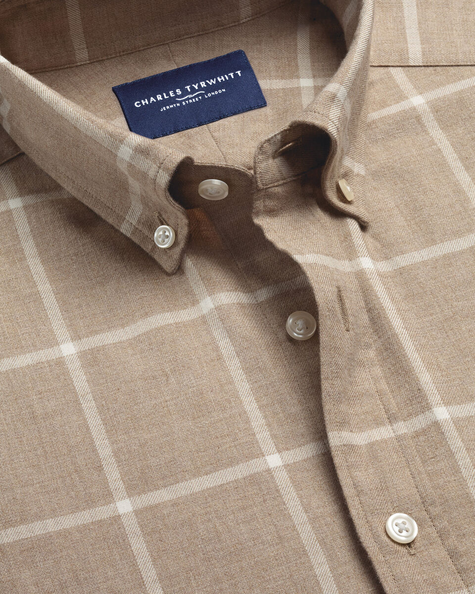 Brushed Flannel Windowpane Check Shirt - Taupe