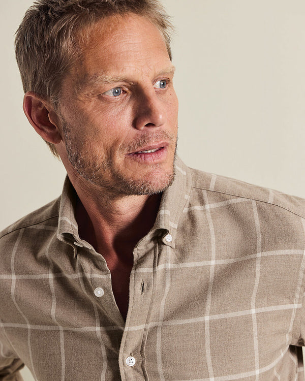 Brushed Flannel Windowpane Check Shirt - Taupe