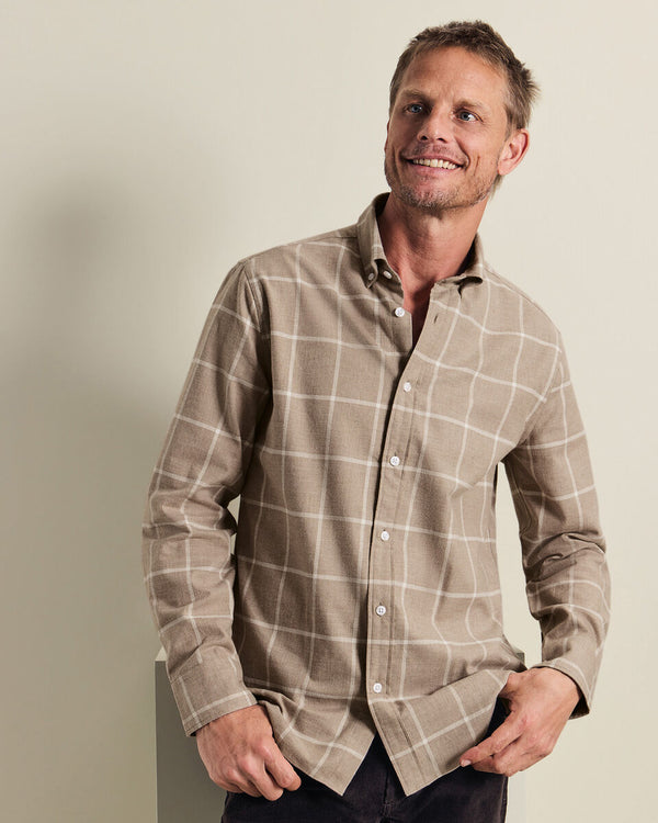 Brushed Flannel Windowpane Check Shirt - Taupe