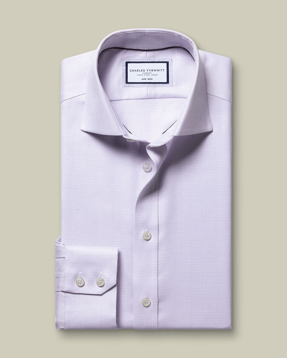 Non-Iron Stretch Burlington Weave Prince of Wales Check Shirt - Lilac