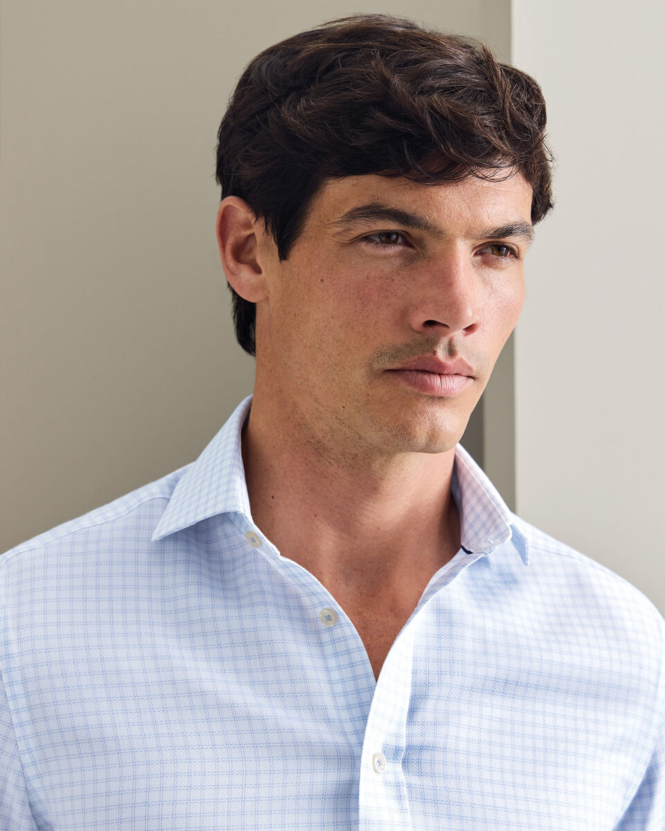Non-Iron Stretch Trafalgar Weave Check Shirt - Ocean Blue